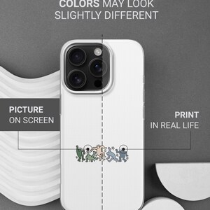 May include: White phone case with a colorful graphic of stick figures. The case has a clear border and a camera cutout. Text on the case reads "THIS IS DURABLE UV PRINT" and "COLORS MAY LOOK SLIGHTLY DIFFERENT".