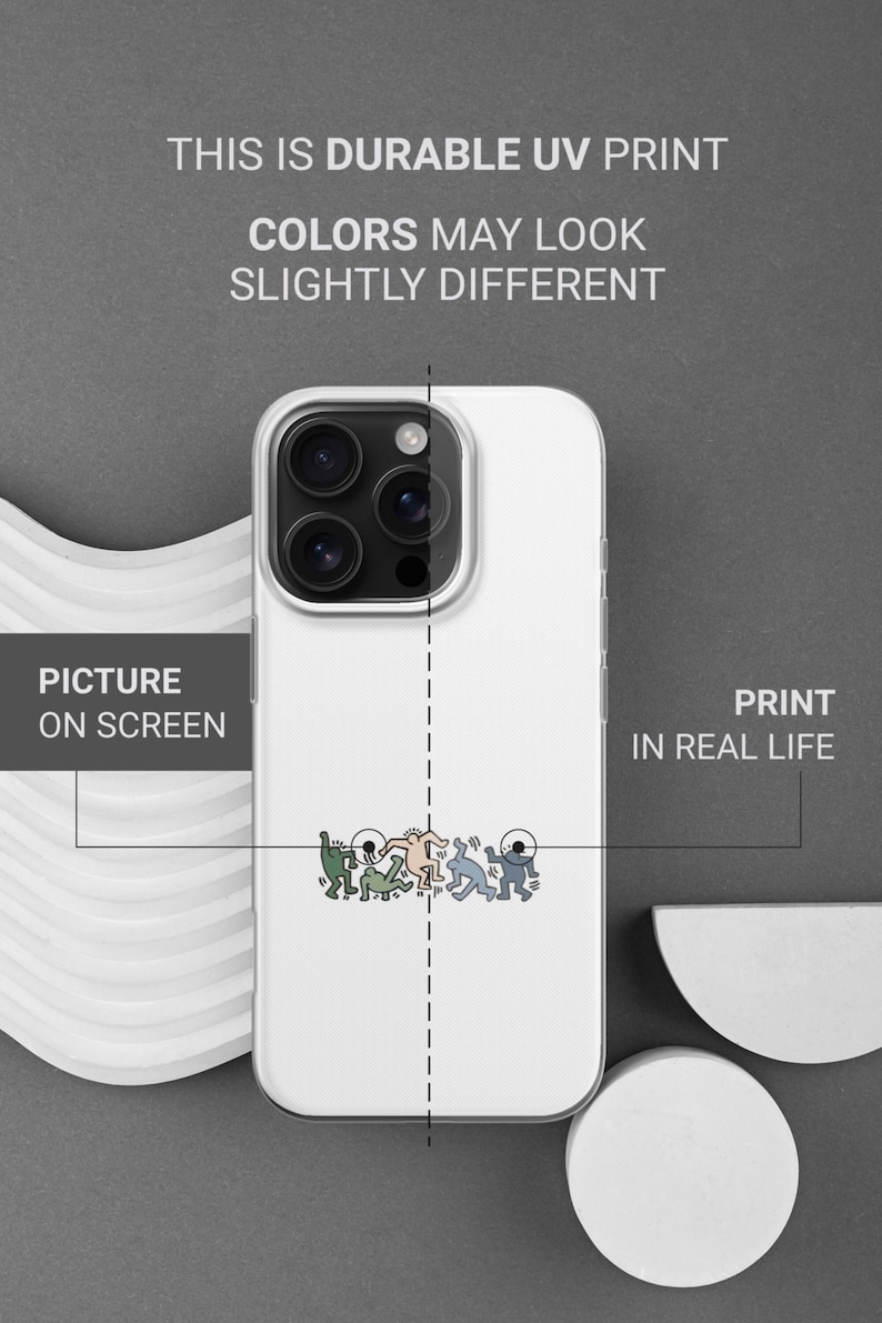 May include: White phone case with a colorful graphic of stick figures. The case has a clear border and a camera cutout. Text on the case reads "THIS IS DURABLE UV PRINT" and "COLORS MAY LOOK SLIGHTLY DIFFERENT".