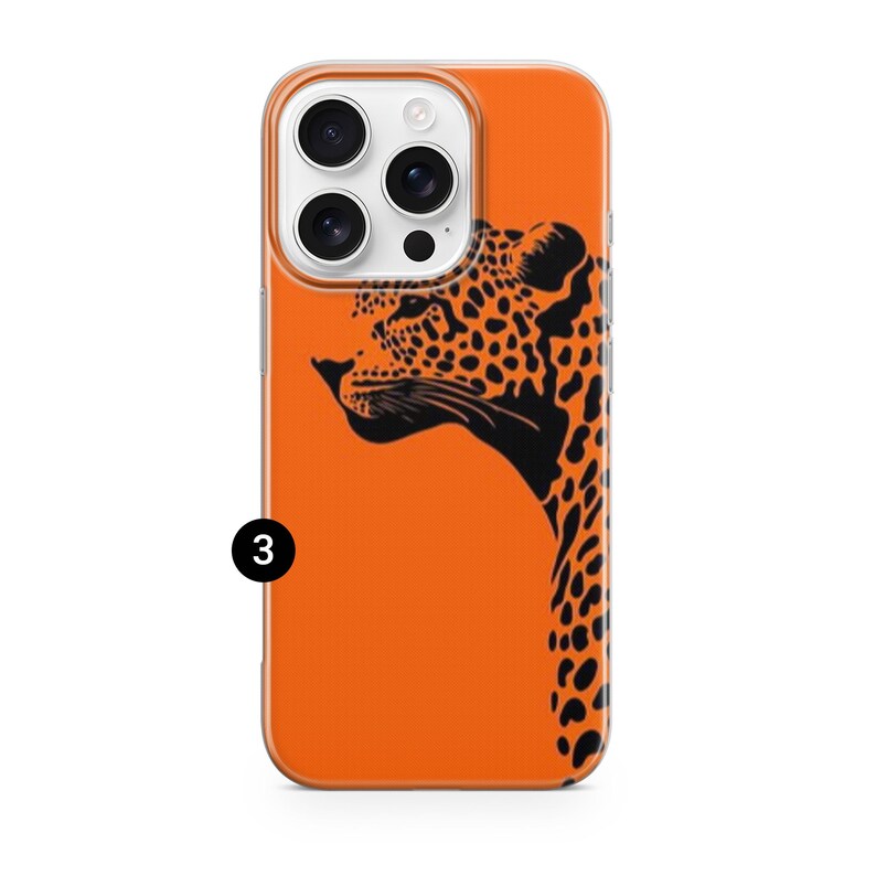 May include: Orange phone case with a black and orange leopard design. The case features a clear border and a graphic of a leopard's head and neck. The phone case is designed to fit a smartphone.