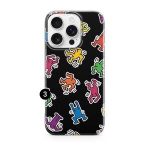 May include: Black phone case featuring a repeating pattern of colorful dancing figures in red, yellow, green, orange, blue, and purple. The case has a glossy finish and a camera cutout.