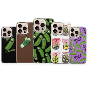 May include: A collection of phone cases with various designs. One case is black with a green pickle and the text "I'm PICKLE RICK". Other cases feature green pickles, jars of pickles, and the text "KIND OF A BIG DILL".
