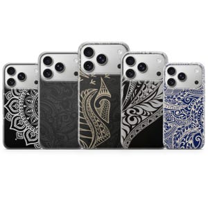 May include: A collection of five phone cases with various designs. The cases feature intricate patterns in black, white, and blue. Designs include a mandala, floral, and tribal motifs. The cases have a clear border and are designed to fit a smartphone.