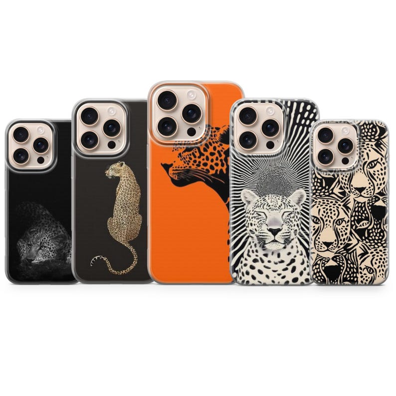 May include: A collection of five phone cases with various leopard-themed designs. The cases feature black, orange, and white backgrounds with illustrations of leopards and abstract patterns. Each case has a camera cutout.