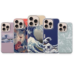 May include: Five phone cases with Japanese-inspired designs. The cases feature images of ocean waves, a dragon, and other traditional artwork. The cases are in various colors, including blue, purple, and beige. The cases are designed to fit a smartphone.