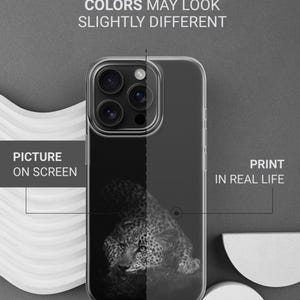 May include: Clear phone case with a black and white leopard print design. The image shows a comparison of the picture on the screen versus the print in real life. Text on the case reads "This is durable UV print" and "Colors may look slightly different."