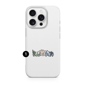 May include: White phone case with a colorful graphic of dancing figures in green, tan, blue, and purple. The case has a glossy finish and a camera cutout.
