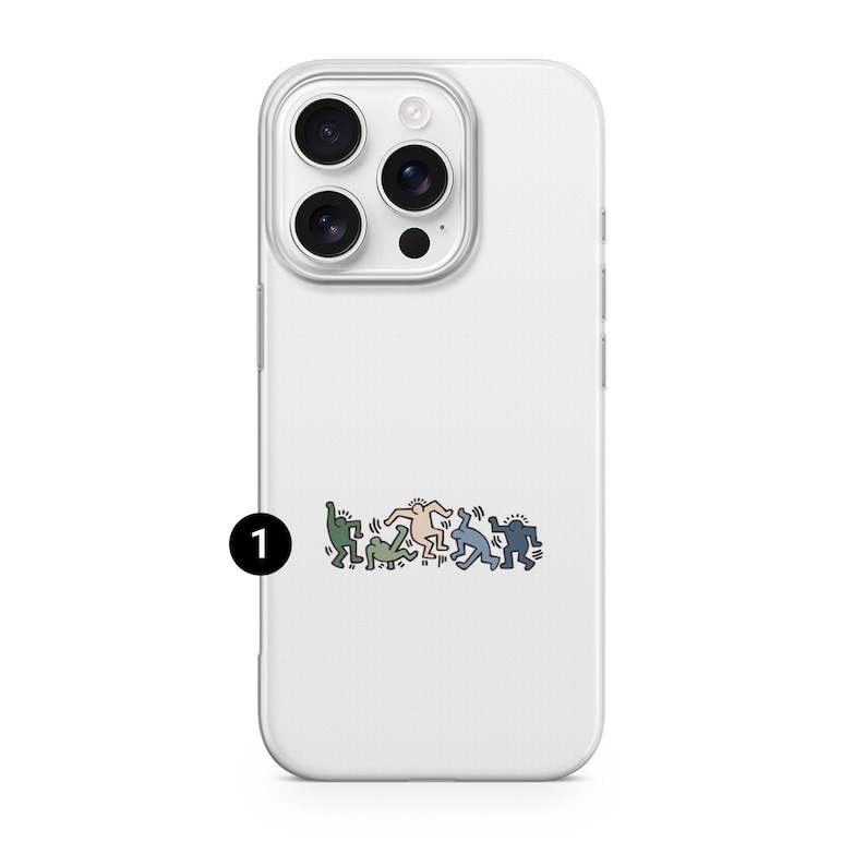 May include: White phone case with a colorful graphic of dancing figures in green, tan, blue, and purple. The case has a glossy finish and a camera cutout.