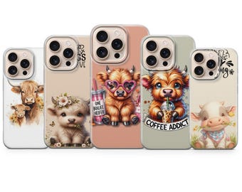 Highland Cow Phone Case Baby Cow Cover for iPhone 16Pro, 15, 14, 13, 12, Samsung S25, S24 FE, S23, S22, A56, A16, Google Pixel 9A, 8, 7