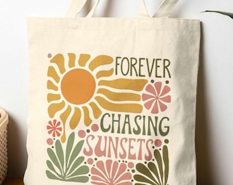 Torba typu tote Forever Chasing Sunsets, płócienna torba boho ze słonecznikami, torba plażowa w kwiaty, prezent na letnie wakacje