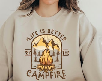 Campfire-sweatshirt, trui met ronde hals voor bergkamperen, comfortabele outdoorpullover, shirt voor hutavonturen, kampeercadeau