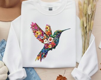 Floral Hummingbird Sweatshirt - Cottagecore Botanical Crewneck