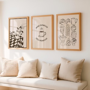 Juego de 3 láminas con motivos de café, decoración de pared para la cocina, paquete de pósteres minimalistas en color beige (descarga digital)