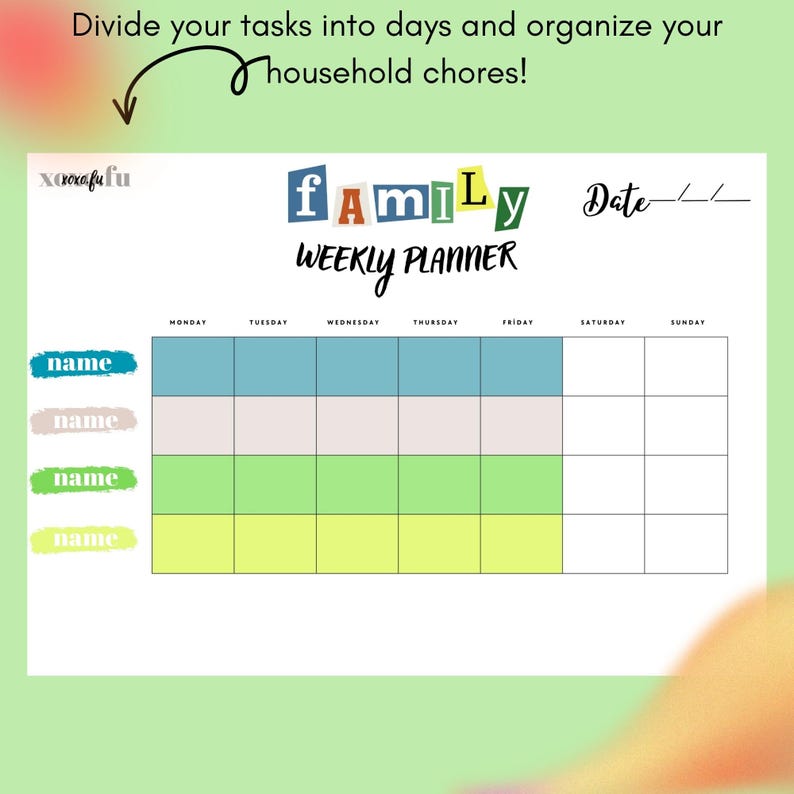 Weekly Household Task Family Weekly Chore Chart | Digital Planner | Household Task Organizer ...