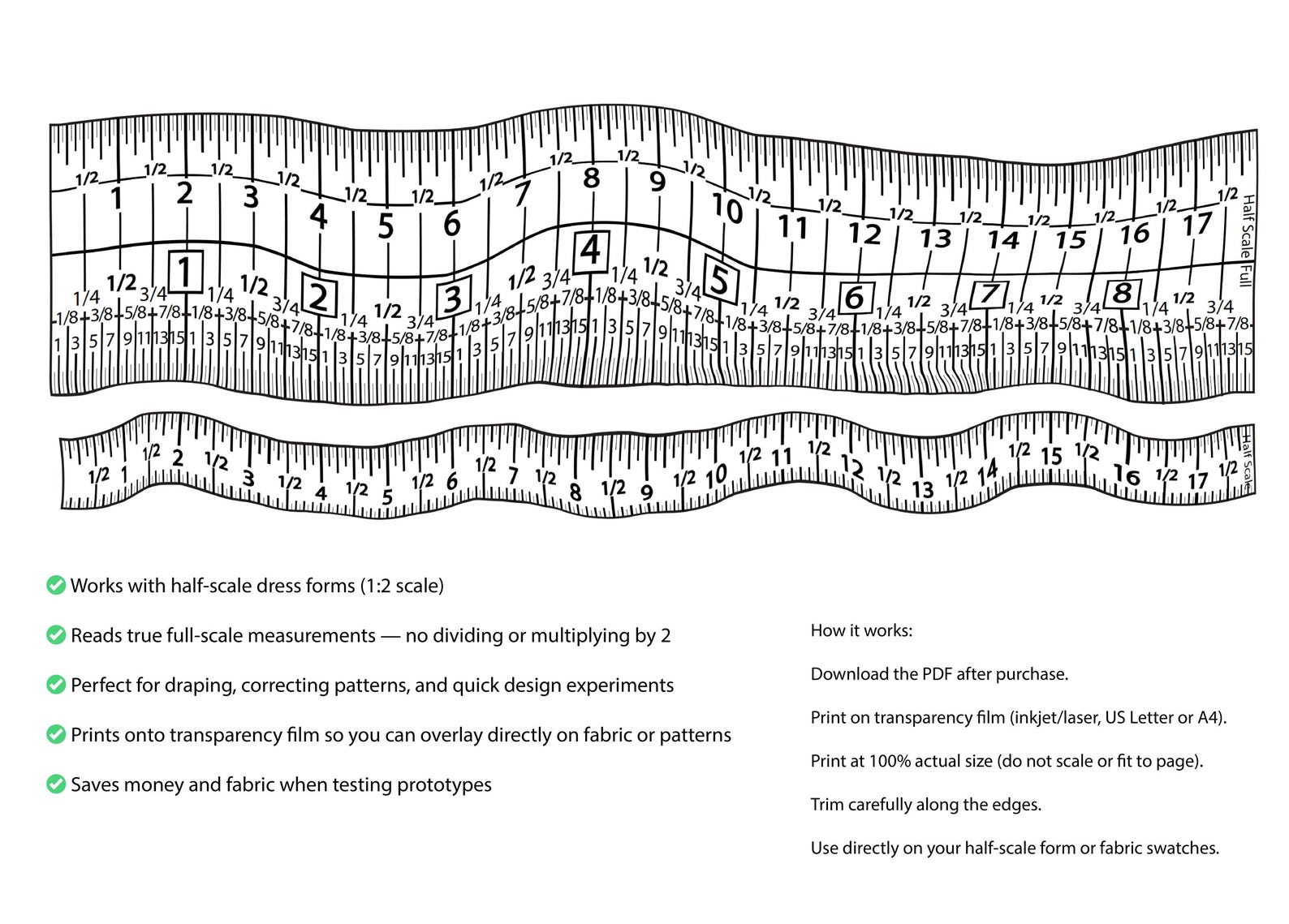 Half Inch Ruler Half-scale Ruler in Inches (printable PDF for Transparency Film) - Etsy
