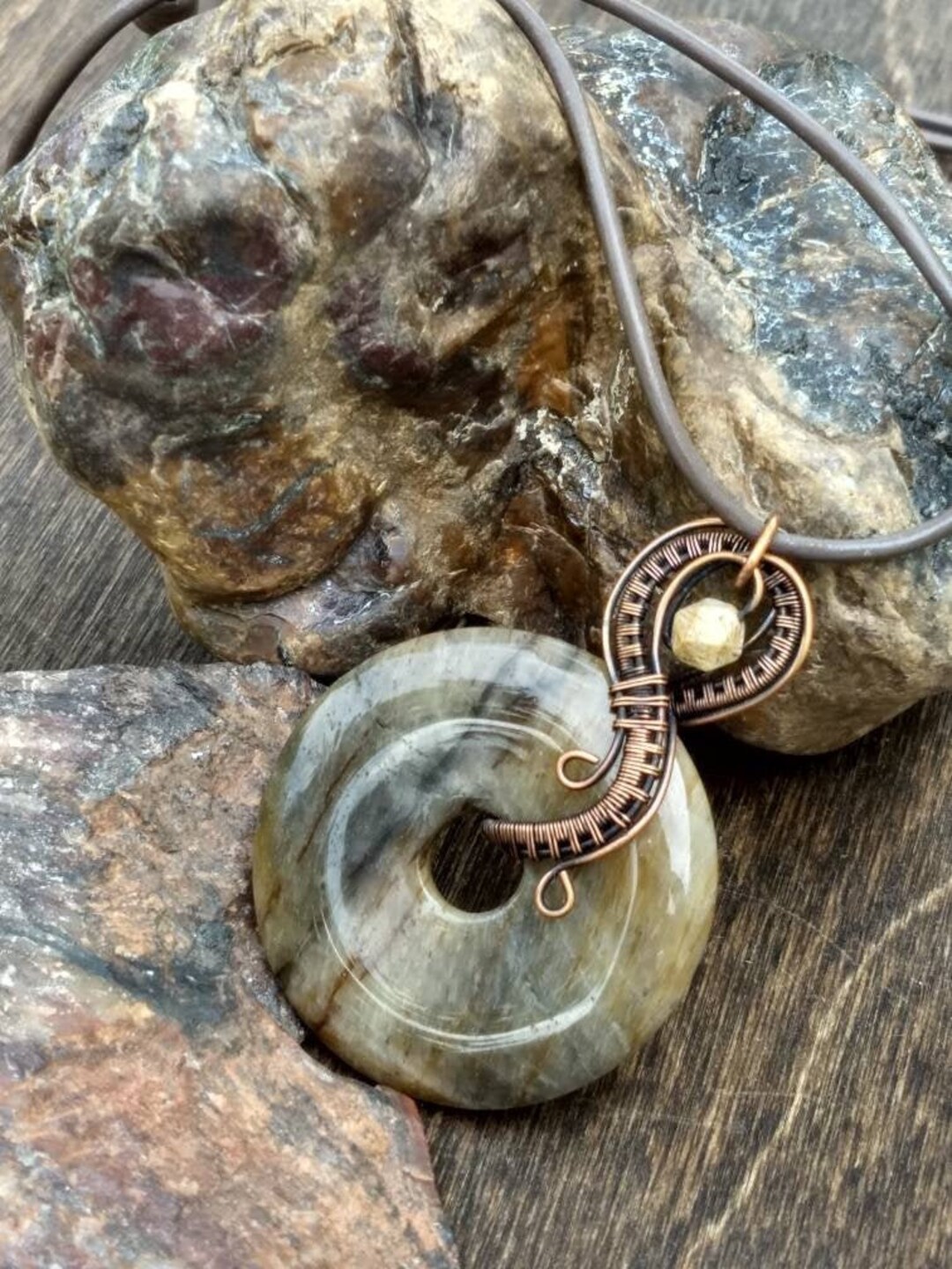 Wire Wrapped Brown Jade Donut Pendant Etsy
