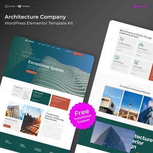 May include: A digital display of an Architecture Company WordPress Elementor Template Kit featuring a dark green and white colour scheme. The layout includes sections titled Innovative Design, Exceptional Spaces, and a pink badge stating Free Installation Support.