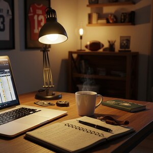 Puede incluir: Una acogedora escena de oficina en casa con un portátil que muestra una hoja de cálculo. Una taza humeante se encuentra junto a un cuaderno y un bolígrafo. Una lámpara de escritorio negra ilumina el espacio de trabajo. Camisetas de fútbol cuelgan en la pared.