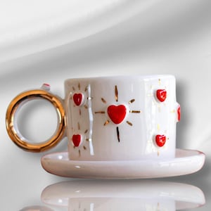 Handmade Red Heart Mug: 24K Gold Handle Ceramic Coffee Cup