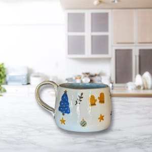Winter Christmas Mug – Handmade Ceramic Holiday Coffee Cup with Tree, Mittens & Stars