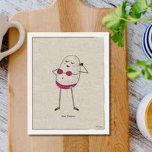 Może przedstawiać: Humorystyczna ilustracja ziemniaka w różowym bikini, który się uśmiecha. Pod obrazkiem widnieje napis "Hot Potato".