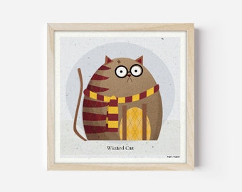 Wizard Cat Portrait, Cat minnaar cadeau, afdrukbare kunst, illustratie