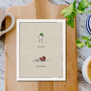 May include: A beige card with a cartoon illustration of a bean. The bean is green and standing on two legs with the text "Raw Bean" below it. Below the raw bean is a brown bean lying on its back with the text "Roasted Bean" below it.