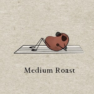 K&ouml;nnte beinhalten: Eine Cartoon-Illustration einer Kaffebohne, die eine Sonnenbrille tr&auml;gt und auf einer gestreiften Matte Sit-ups macht. Der Text "Medium Roast" befindet sich unter dem Bild.