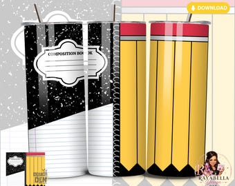 Quaderno nero con matita e decorazione per bicchiere termico PNG – Design a sublimazione per bicchiere termico sottile a tema scolastico – 20 oz