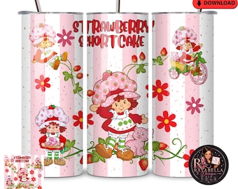 Adesivo per bicchiere termico da 20 oz con immagine di Strawberry Shortcake / Design retrò a cartone animato di Strawberry Shortcake per sublimazione / Adesivo floreale per bicchiere termico (download)
