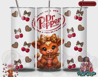 Adesivo per bicchiere termico Dr Pepper con stampa a sublimazione di mucca delle Highlands / fiocco leopardato con ciliegie (download digitale)