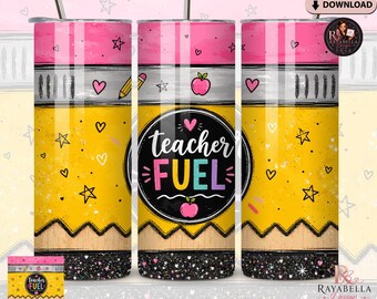Adesivo per bicchiere termico Teacher Fuel da 20 oz (formato skinny) / Design per bicchiere termico a matita / Download PNG per sublimazione / File per adesivo per tazza regalo per insegnanti