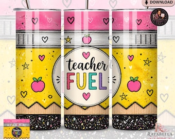 Adesivo per bicchiere termico Teacher Fuel da 20 oz (formato skinny) / Design per bicchiere termico a matita / Download PNG per sublimazione / File per adesivo per tazza regalo per insegnanti