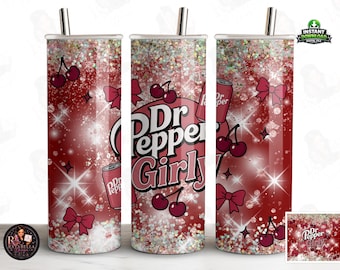 Dr Pepper Girly 20 oz Tumbler Wrap PNG, Maroon Glitter Soda Wrap, Cherry Bow Sublimation Design, Digital Download Skinny Tumbler