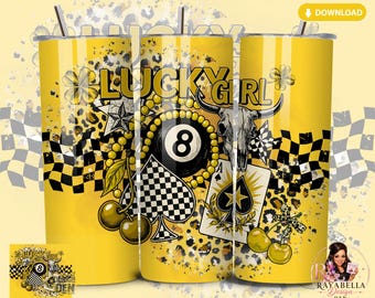 Adesivo per bicchiere Lucky Girl Western PNG – Design con cowgirl gialla e palla numero 8 con ciliegia (Download digitale)