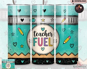 Adesivo per bicchiere termico Teacher Fuel da 20 oz (formato skinny) / Design per bicchiere termico a matita / Download PNG per sublimazione / File per adesivo per tazza regalo per insegnanti