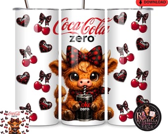 Adesivo per bicchiere termico Coca-Cola Zero con stampa mucca delle Highlands / Design con fiocco leopardato per sublimazione (download digitale)