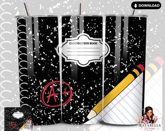 Copertina per bicchiere A+ Composition Notebook PNG – Design per insegnanti e studenti – Download digitale per bicchiere sottile a sublimazione – 20 oz