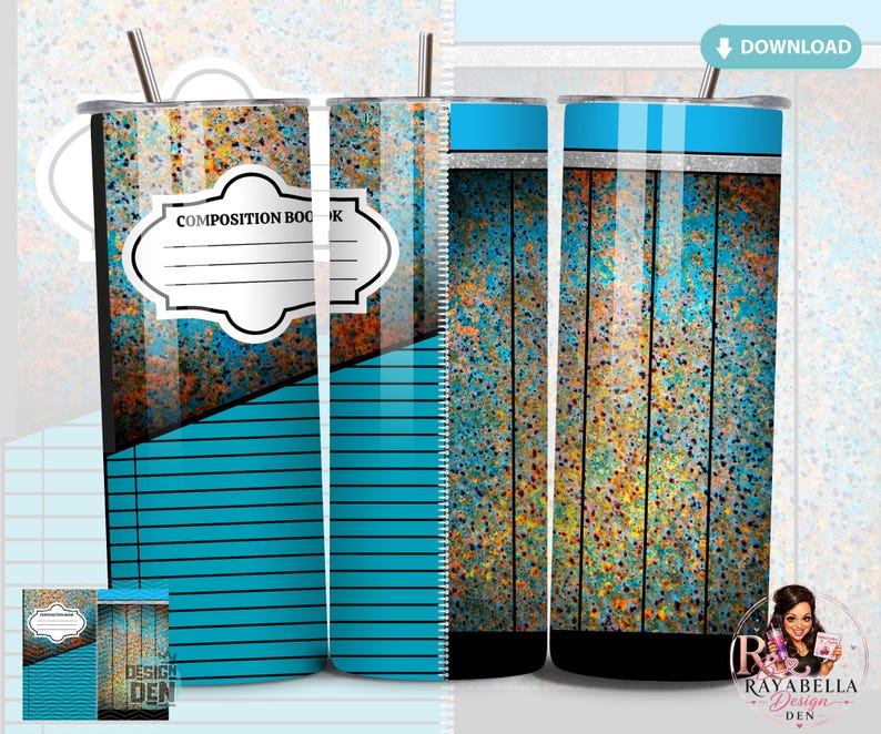 May include: A tumbler with a composition book design. The tumbler features a blue, brown, and gold speckled pattern with a blue lined section and a white label that reads "COMPOSITION BOOK". The top and bottom are black, and it has a silver straw.