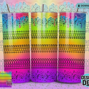 May include: Three stainless steel tumblers with a vibrant rainbow gradient design. The tumblers feature black geometric patterns and dripping paint effects in shades of blue, pink, yellow, and green. Each tumbler has a silver straw and lid. A small card with the same design is in the lower left corner.