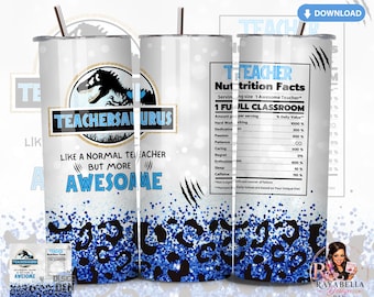 Adesivo per bicchiere Teachersaurus PNG – Divertente design con informazioni nutrizionali per insegnanti (download digitale)
