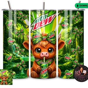 May include: A cylindrical tumbler featuring a graphic of a fluffy brown highland cow with large eyes, wearing a Mtn Dew patterned bow, holding a Mtn Dew can with a straw. The background shows a green forest with a waterfall and floating Mtn Dew bows.