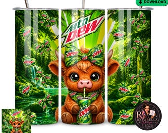 Mountain Dew Zero 20oz Skinny Tumbler Wrap PNG | Highland Cow Sublimation Design | Green Soda Tumbler Wrap | Instant Download