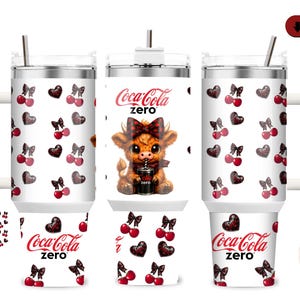 Cute Highland Cow zero coke 40oz Tumbler Wrap PNG | Cherry Leopard Coquette Bow Sublimation Design