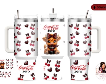 Schattige Highland Cow zero coke 40oz Tumbler Wrap, PNG | Sublimatieontwerp kersenkleurige luipaard coquette strik