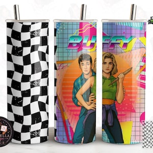 May include: A cylindrical tumbler featuring a black and white checkered pattern on one side and a colorful graphic illustration of two characters with the text BUFFY on the other, complete with a silver metal straw inserted into the top lid.