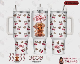Highland Cow Dr Pepper Tumbler Wrap PNG | Cherry Leopard Coquette Bow Sublimation Design