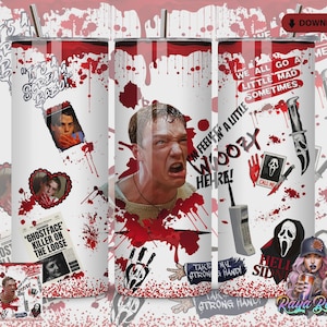 May include: A white tumbler with a horror movie theme, featuring images of characters, blood splatters, and the text "It's Scream Baby". Includes a newspaper clipping and the text "Ghostface Killer on the Loose".