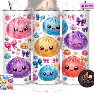Cute Dumpling Tumbler Wrap PNG | Sparkle Dumpling Characters Sublimation Design | Pastel 20oz Skinny Tumbler Digital Download