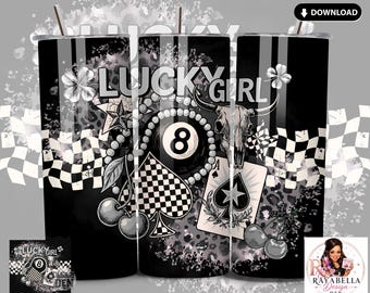 Adesivo per bicchiere Lucky Girl Western – Design con cowgirl nera e palla numero 8 e ciliegia (download digitale)