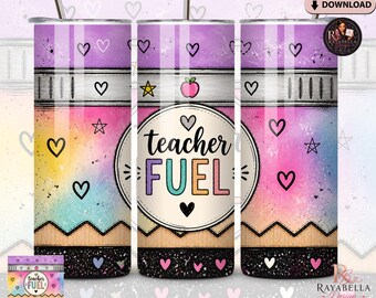Adesivo per bicchiere termico Teacher Fuel da 20 oz (formato skinny) / Design per bicchiere termico a matita / Download PNG per sublimazione / File per adesivo per tazza regalo per insegnanti